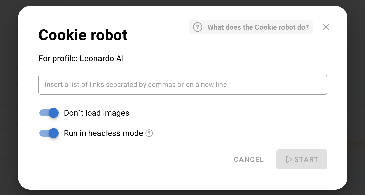 Dijaloški okvir Cookie Robota u Dolphin Antyju s opcijama za preskakanje slika i pokretanje u headless načinu rada.