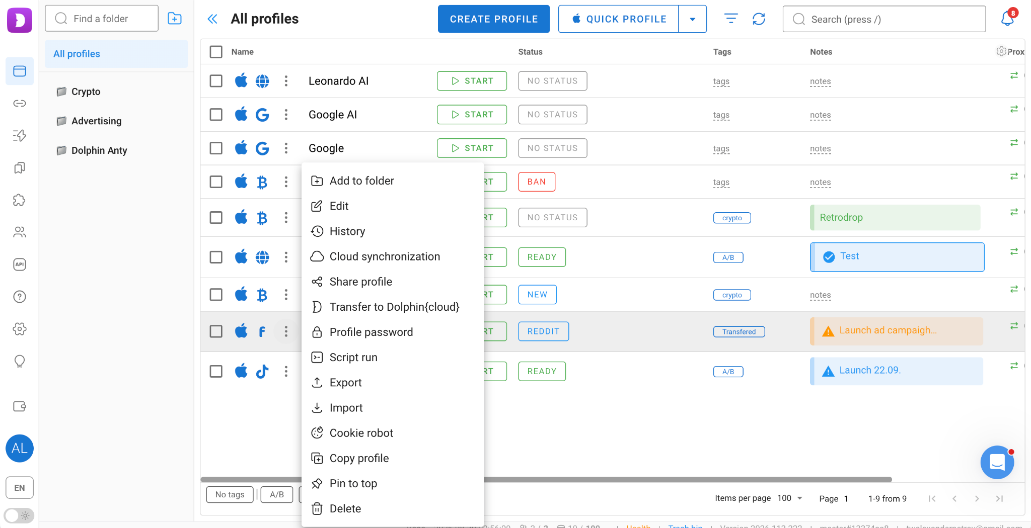Tablica profila u Dolphin Antyju s prikazom statusa, oznaka, bilješki i kontekstnog izbornika profila.