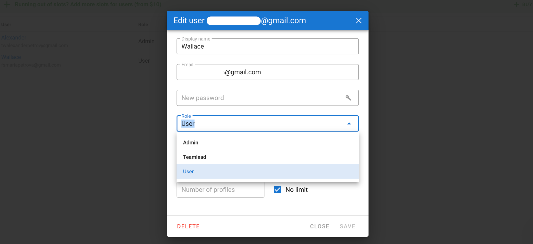 Uređivanje člana tima u Dolphin Antyju i dodjeljivanje uloge Admin, Teamlead ili User.